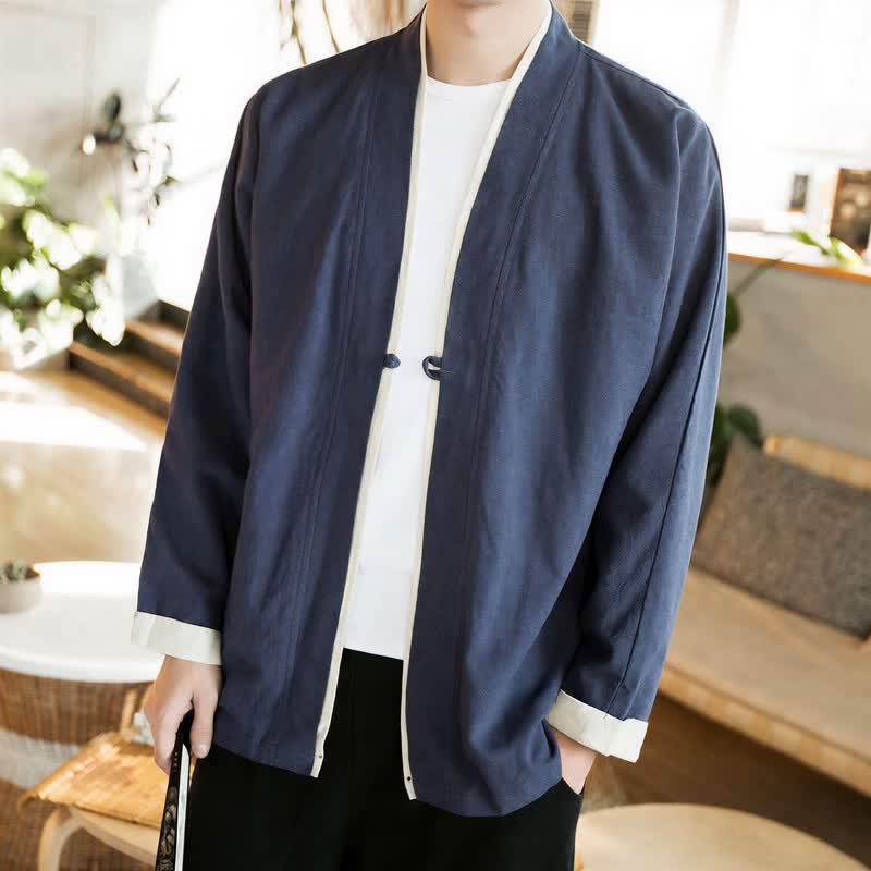 Buddha Stones Fall Winter Tang Style Minimalist Frog Button Solid Cotton Men's Kimonos - Navy - US/UK/AU46,EU56 (5XL) - image 0