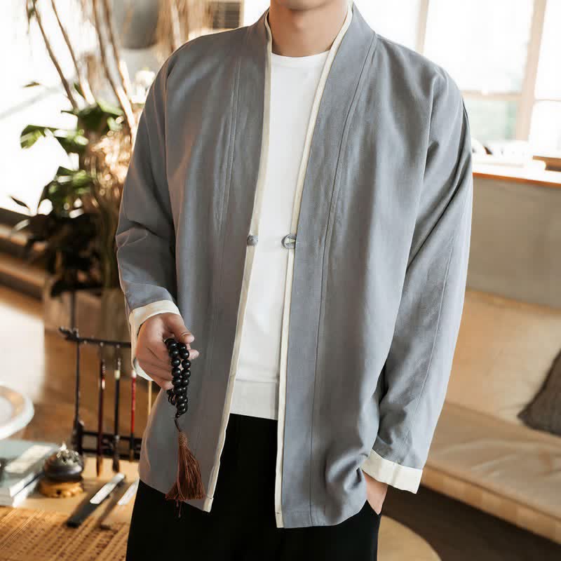 Buddha Stones Fall Winter Tang Style Minimalist Frog Button Solid Cotton Men's Kimonos - LightGray - US/UK/AU46,EU56 (5XL) - image 9