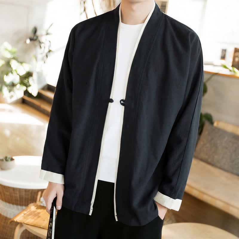 Buddha Stones Fall Winter Tang Style Minimalist Frog Button Solid Cotton Men's Kimonos - Black - US/UK/AU46,EU56 (5XL) - image 13