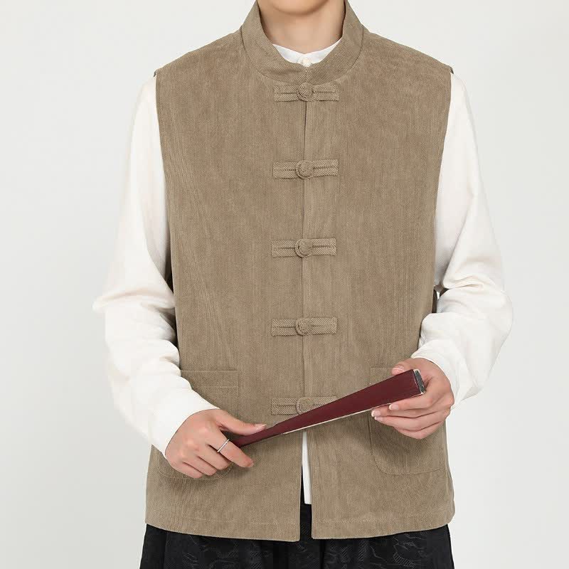 Buddha Stones Fall Winter Vintage Tang Style Frog Button Solid Corduroy Tank Top Style Men's Vests With Pocket - BurlyWood - US/UK/AU46,EU56 (5XL) - image 0