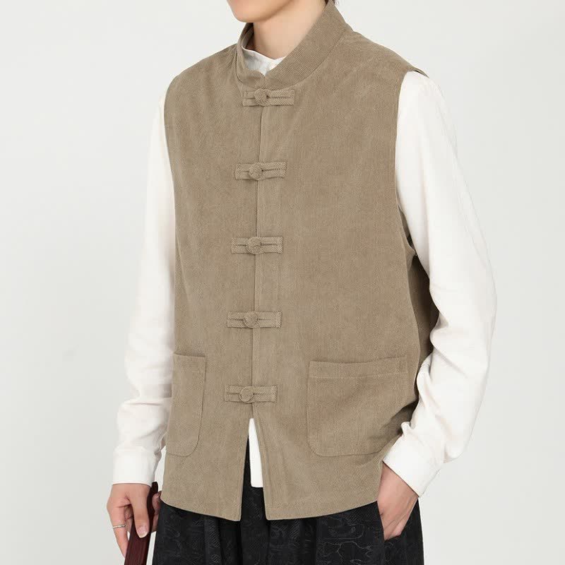 Buddha Stones Fall Winter Vintage Tang Style Frog Button Solid Corduroy Tank Top Style Men's Vests With Pocket - image 3