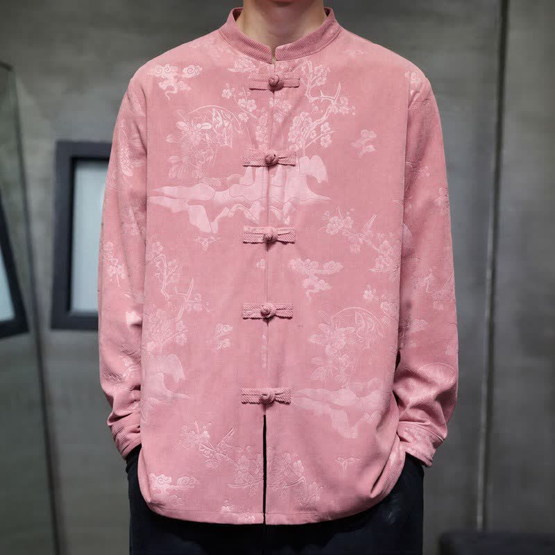 Buddha Stones Fall Winter Vintage Tang Style Frog Button Floral Men's Jackets With Pocket - PaleVioletRed - US/UK/AU46,EU56 (5XL) - image 12