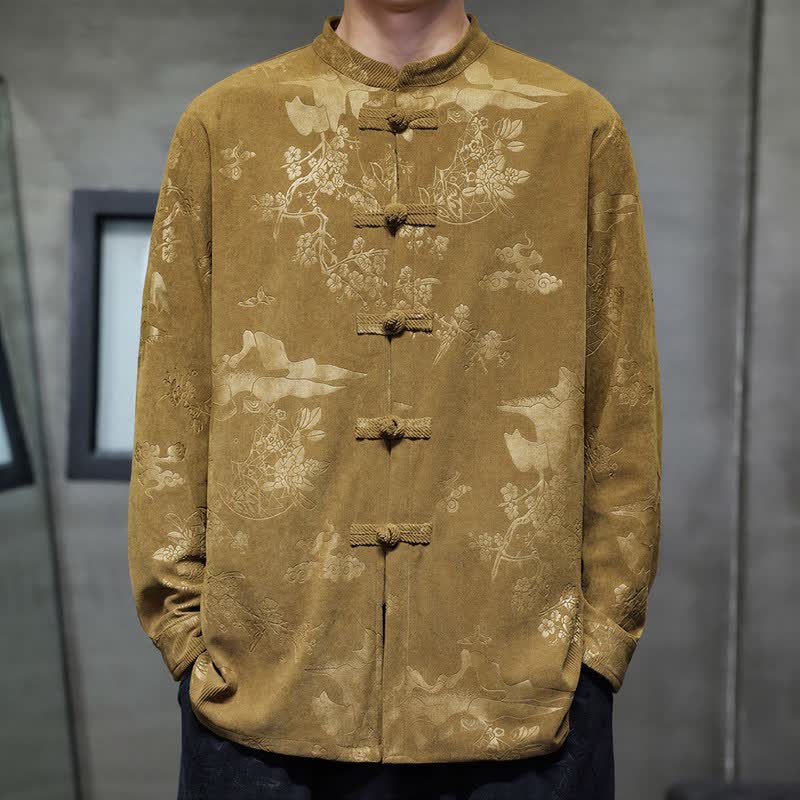 Buddha Stones Fall Winter Vintage Tang Style Frog Button Floral Men's Jackets With Pocket - Goldenrod - US/UK/AU46,EU56 (5XL) - image 0