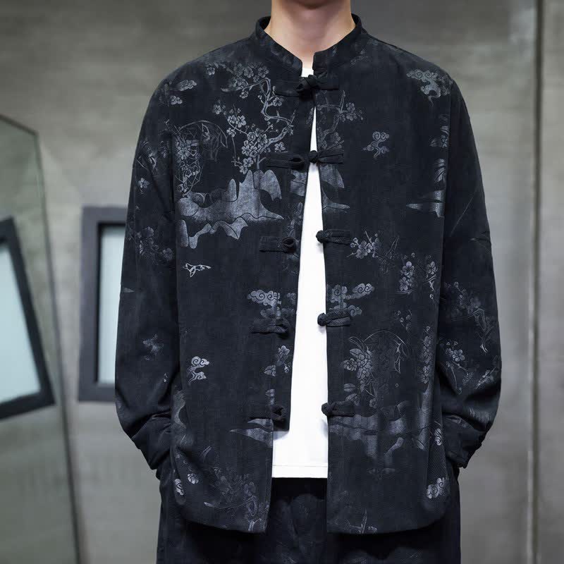 Buddha Stones Fall Winter Vintage Tang Style Frog Button Floral Men's Jackets With Pocket - Black - US/UK/AU46,EU56 (5XL) - image 6