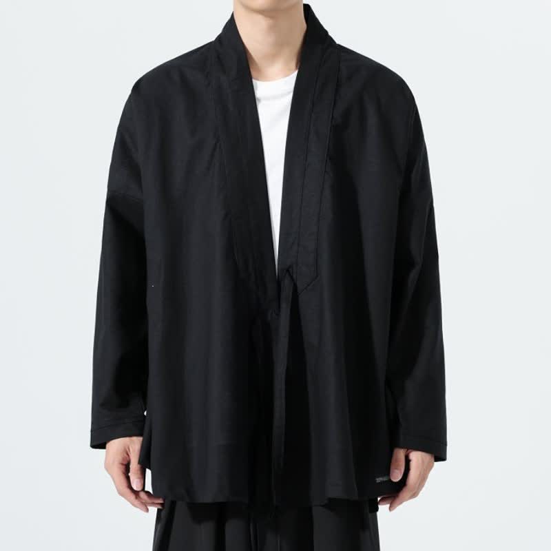 Buddha Stones Fall Minimalist Tang Style Drawstring Solid Men's Kimonos - Black - US/UK/AU46,EU56 (5XL) - image 6