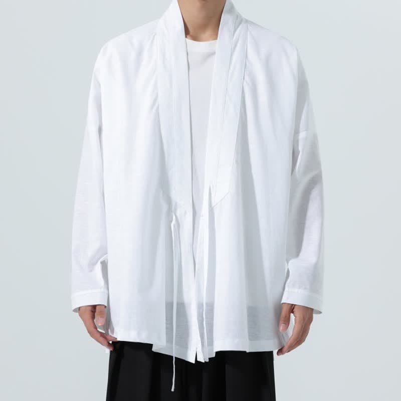 Buddha Stones Fall Minimalist Tang Style Drawstring Solid Men's Kimonos - White - US/UK/AU46,EU56 (5XL) - image 18