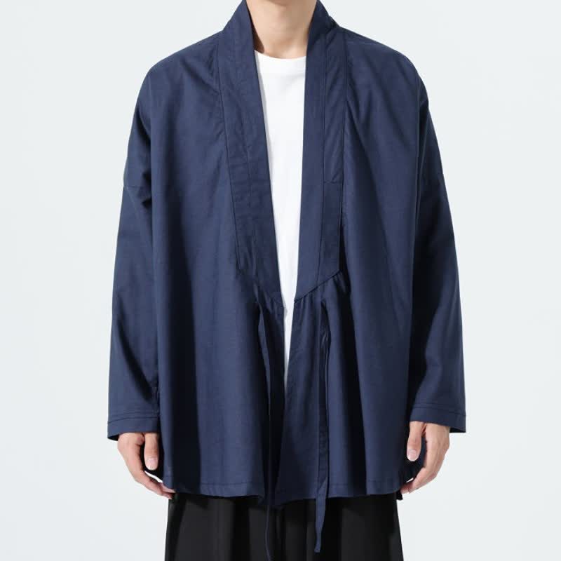 Buddha Stones Fall Minimalist Tang Style Drawstring Solid Men's Kimonos - Navy - US/UK/AU46,EU56 (5XL) - image 12