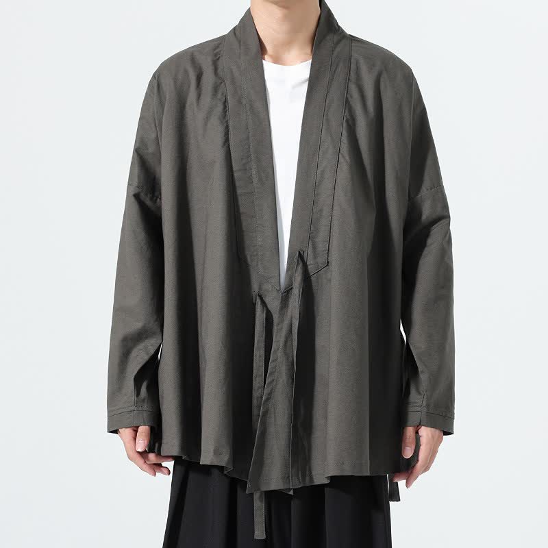 Buddha Stones Fall Minimalist Tang Style Drawstring Solid Men's Kimonos - DimGray - US/UK/AU46,EU56 (5XL) - image 0