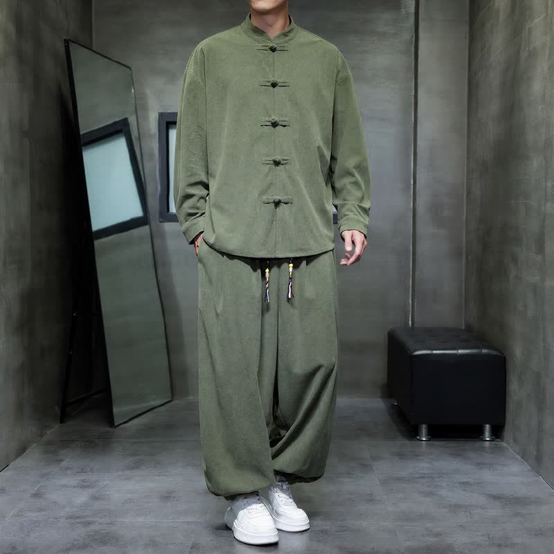 Buddha Stones Fall Winter Tang Style Casual Frog Button Solid Men's Meditation Cloth With Pocket - OliveDrab - US/UK/AU46,EU56 (5XL) - image 13