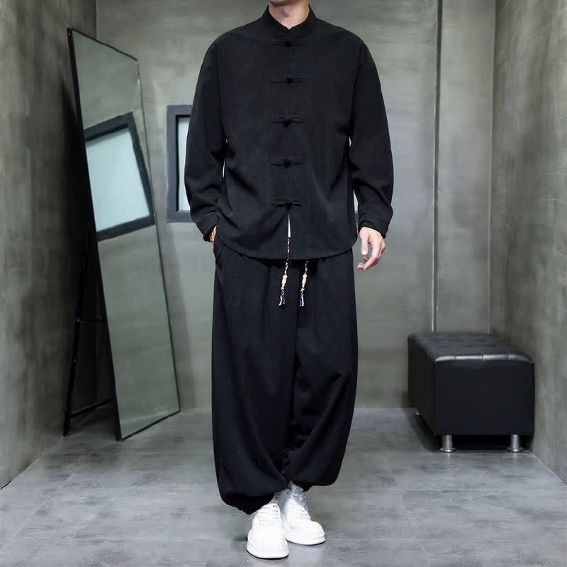 Buddha Stones Fall Winter Tang Style Casual Frog Button Solid Men's Meditation Cloth With Pocket - Black - US/UK/AU46,EU56 (5XL) - image 9