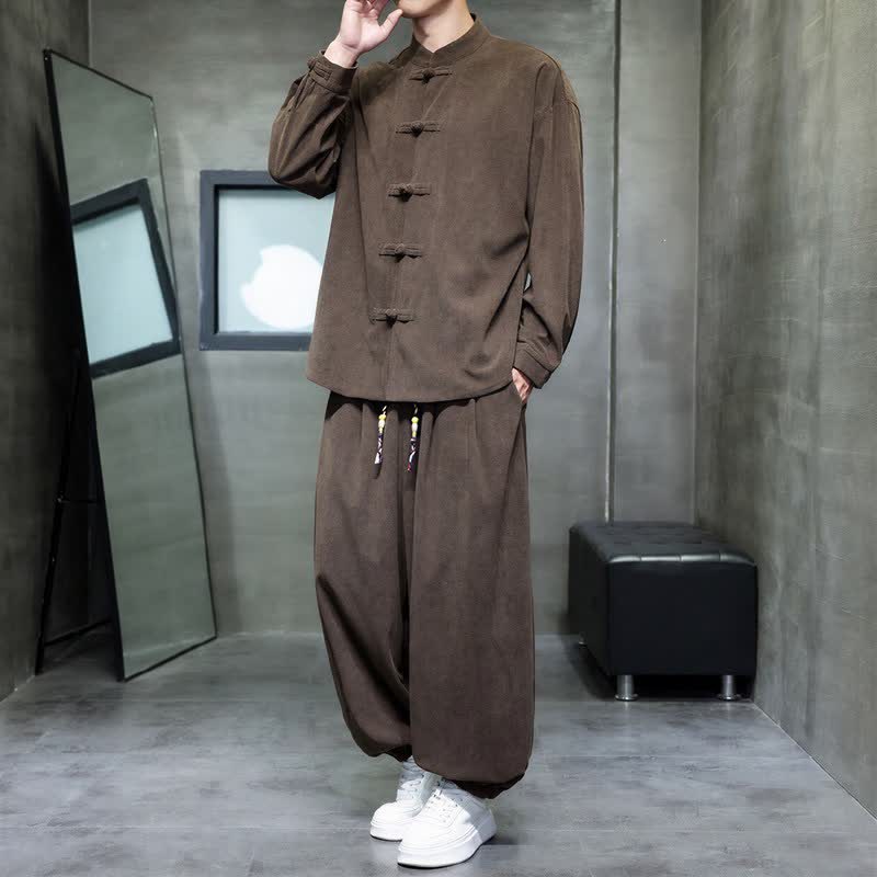 Buddha Stones Fall Winter Tang Style Casual Frog Button Solid Men's Meditation Cloth With Pocket - SaddleBrown - US/UK/AU46,EU56 (5XL) - image 0