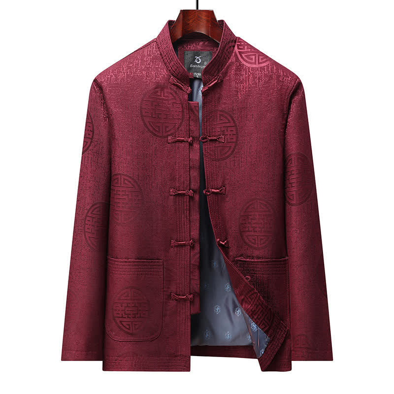 Buddha Stones Fall Winter Vintage Tang Style Frog Button Geometric Men's Jackets With Pocket - Crimson - US/UK/AU46,EU56 (5XL) - image 11