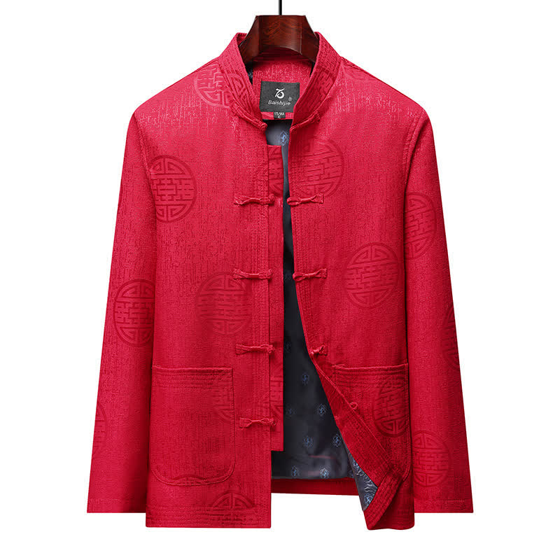 Buddha Stones Fall Winter Vintage Tang Style Frog Button Geometric Men's Jackets With Pocket - Red - US/UK/AU46,EU56 (5XL) - image 12
