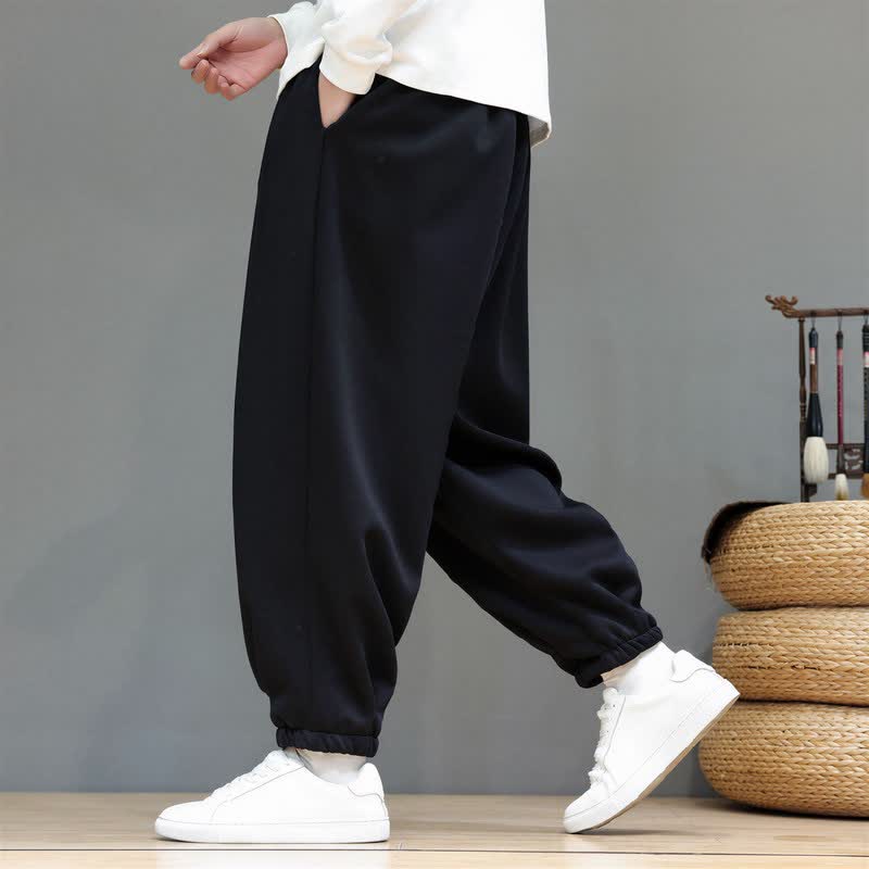 Buddha Stones Fall Winter Casual Minimalist Athletic Drawstring Solid Ankle Pants Men's Tapered Pants With Pockets - Black - Fleece-Lined Version - US/UK/AU48,EU58 (6XL) - image 8
