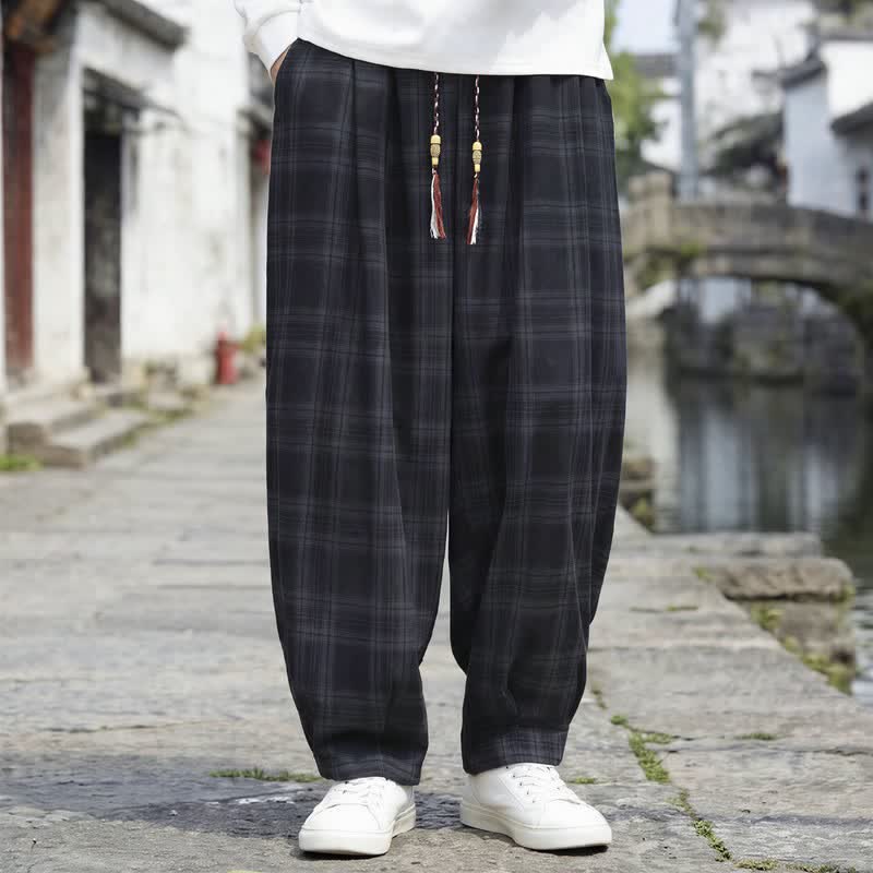 Buddha Stones Fall Winter Casual Vintage Drawstring Plaid Ankle Pants Men's Harem Pants With Pocket - Black - US/UK/AU48,EU58 (6XL) - image 5
