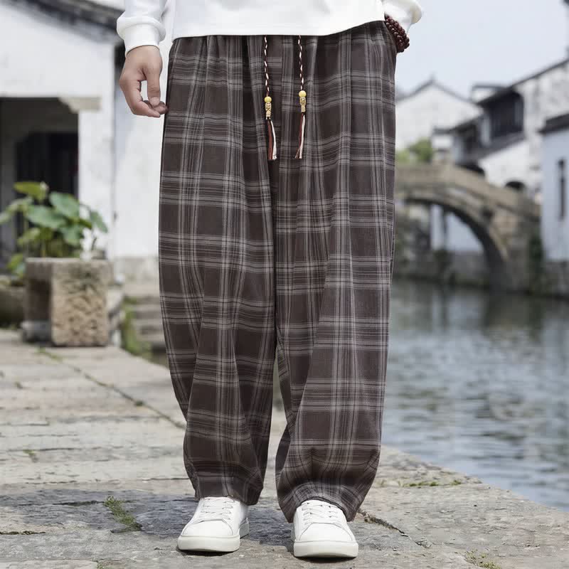 Buddha Stones Fall Winter Casual Vintage Drawstring Plaid Ankle Pants Men's Harem Pants With Pocket - SaddleBrown - US/UK/AU48,EU58 (6XL) - image 0