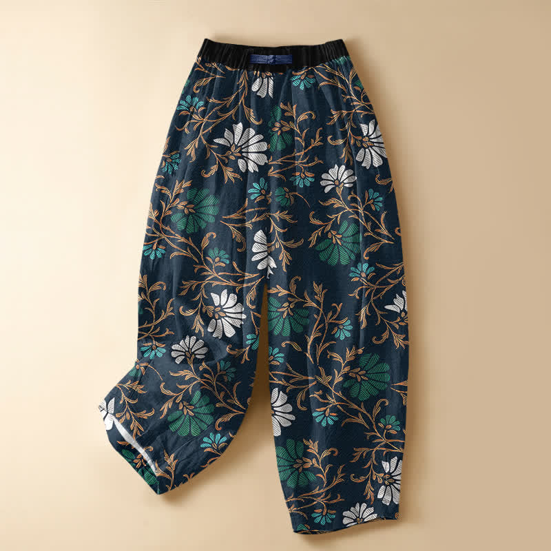 Buddha Stones Pure Cotton Botanical Flower Leaf Pattern Frog Button Women's Elastic Waist Harem Pants With Pockets - Navy - US16,UK/AU20,EU48 (3XL) - image 0