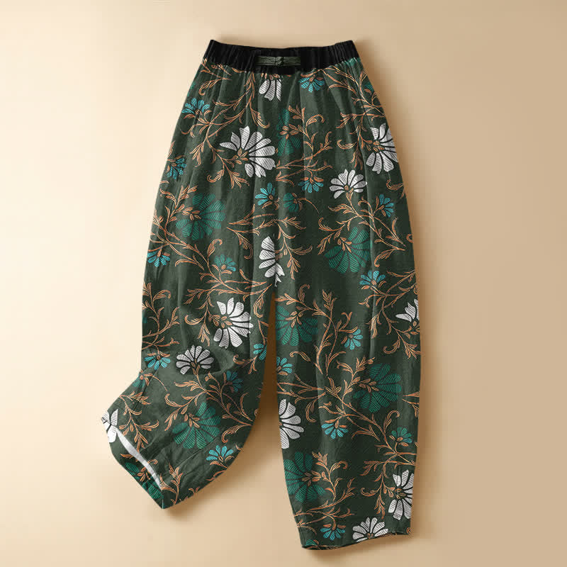 Buddha Stones Pure Cotton Botanical Flower Leaf Pattern Frog Button Women's Elastic Waist Harem Pants With Pockets - SeaGreen - US16,UK/AU20,EU48 (3XL) - image 5