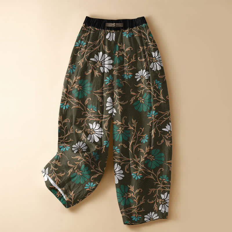 Buddha Stones Pure Cotton Botanical Flower Leaf Pattern Frog Button Women's Elastic Waist Harem Pants With Pockets - DarkOliveGreen - US16,UK/AU20,EU48 (3XL) - image 7