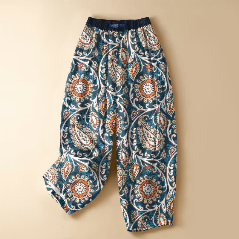 Buddha Stones Pure Cotton Bohemian Paisley Floral Pattern Frog Button Women's Elastic Waist Harem Pants With Pockets - SteelBlue - US16,UK/AU20,EU48 (3XL) - image 0