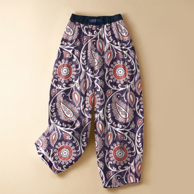 Buddha Stones Pure Cotton Bohemian Paisley Floral Pattern Frog Button Women's Elastic Waist Harem Pants With Pockets - Purple - US16,UK/AU20,EU48 (3XL) - image 5