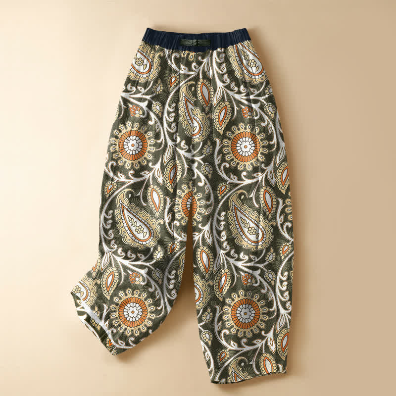 Buddha Stones Pure Cotton Bohemian Paisley Floral Pattern Frog Button Women's Elastic Waist Harem Pants With Pockets - OliveDrab - US16,UK/AU20,EU48 (3XL) - image 7