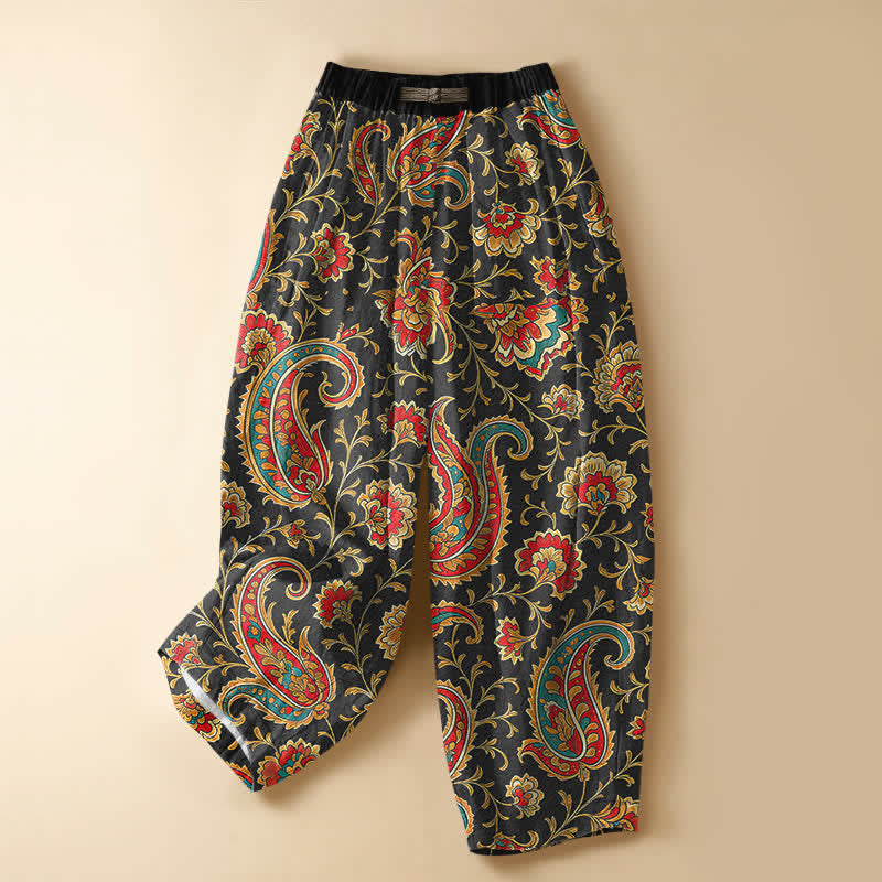 Buddha Stones Pure Cotton Retro Floral Scroll Pattern Frog Button Women's Elastic Waist Harem Pants With Pockets - Black - US16,UK/AU20,EU48 (3XL) - image 0