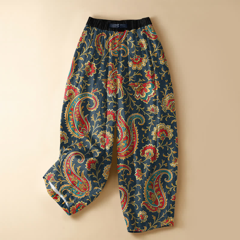Buddha Stones Pure Cotton Retro Floral Scroll Pattern Frog Button Women's Elastic Waist Harem Pants With Pockets - Navy - US16,UK/AU20,EU48 (3XL) - image 7