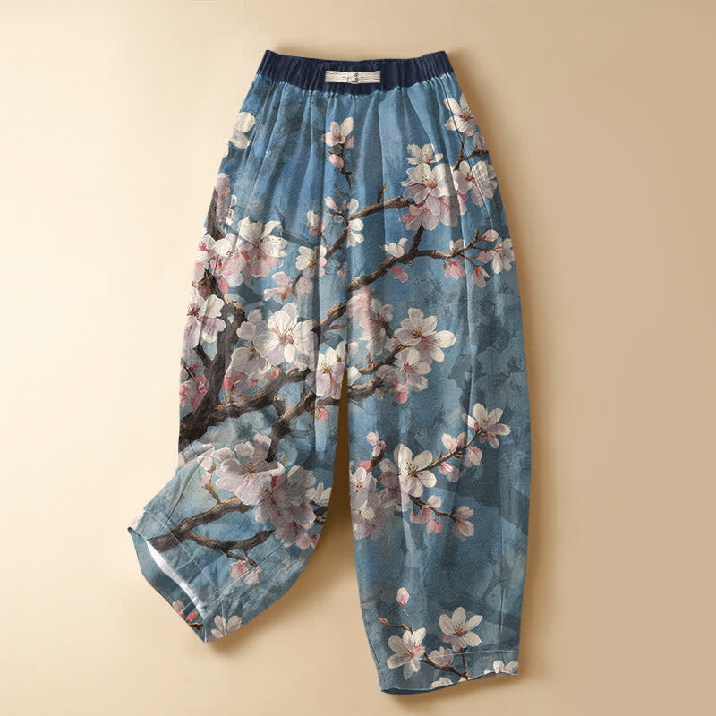 Buddha Stones Pure Cotton Vintage Sakura Branch Pattern Frog Button Women's Elastic Waist Harem Pants With Pockets - LightSkyBlue - US16,UK/AU20,EU48 (3XL) - image 0