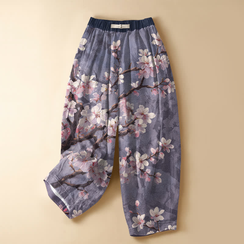 Buddha Stones Pure Cotton Vintage Sakura Branch Pattern Frog Button Women's Elastic Waist Harem Pants With Pockets - MediumPurple - US16,UK/AU20,EU48 (3XL) - image 5