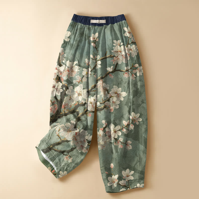 Buddha Stones Pure Cotton Vintage Sakura Branch Pattern Frog Button Women's Elastic Waist Harem Pants With Pockets - LightGreen - US16,UK/AU20,EU48 (3XL) - image 7
