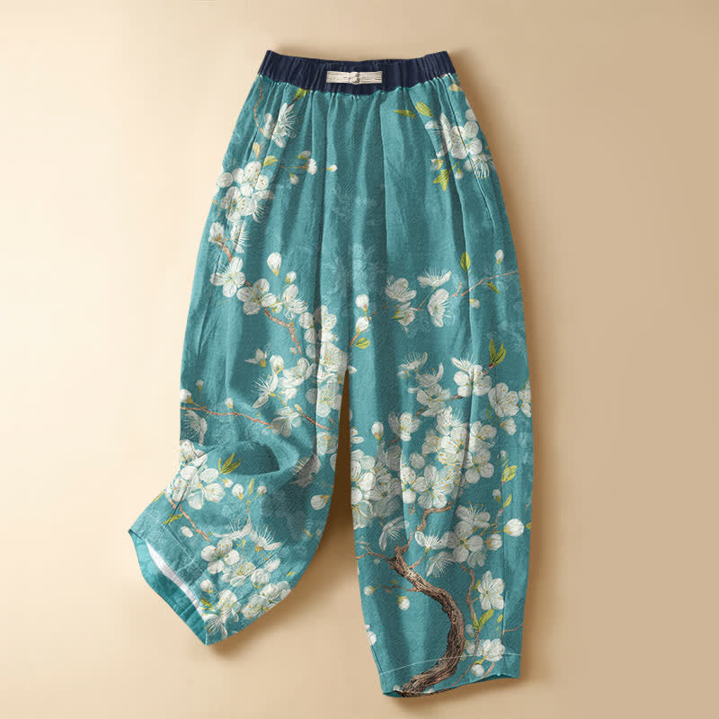 Buddha Stones Pure Cotton Vintage Floral Branch Pattern Frog Button Women's Elastic Waist Harem Pants With Pockets - MediumTurquoise - US16,UK/AU20,EU48 (3XL) - image 0