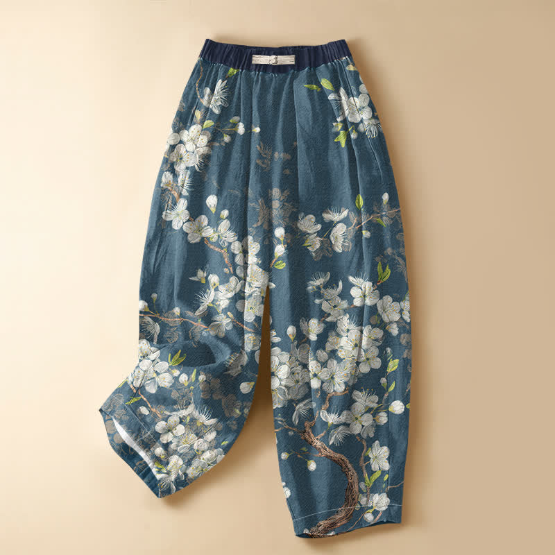 Buddha Stones Pure Cotton Vintage Floral Branch Pattern Frog Button Women's Elastic Waist Harem Pants With Pockets - SteelBlue - US16,UK/AU20,EU48 (3XL) - image 5