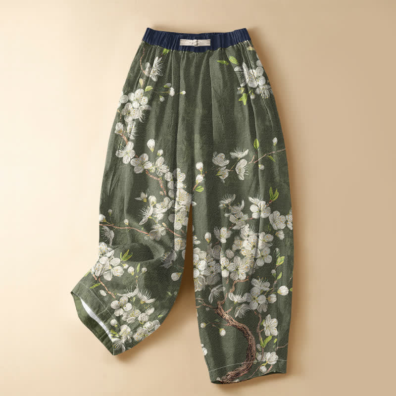 Buddha Stones Pure Cotton Vintage Floral Branch Pattern Frog Button Women's Elastic Waist Harem Pants With Pockets - DarkOliveGreen - US16,UK/AU20,EU48 (3XL) - image 7