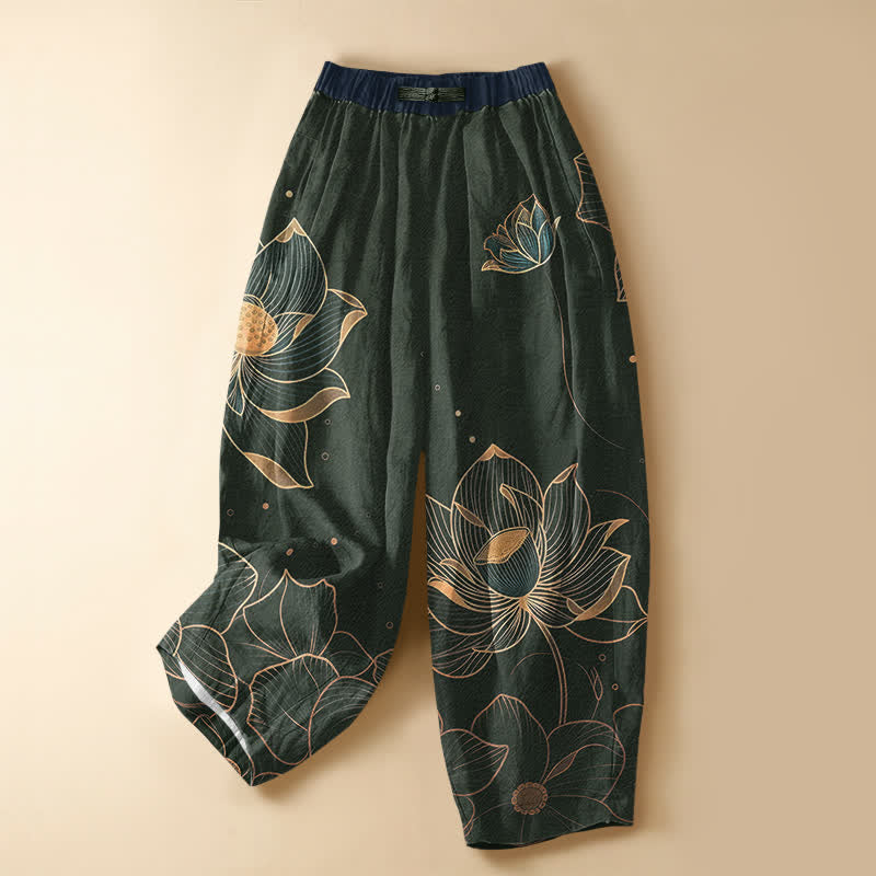 Buddha Stones Pure Cotton Lotus Bloom Pattern Frog Button Women's Elastic Waist Harem Pants With Pockets - DarkGreen - US16,UK/AU20,EU48 (3XL) - image 5