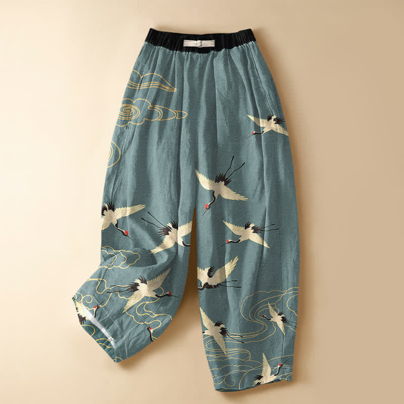 Buddha Stones Pure Cotton Elegant Crane Cloud Pattern Frog Button Women's Elastic Waist Harem Pants With Pockets - CadetBlue - US16,UK/AU20,EU48 (3XL) - image 0