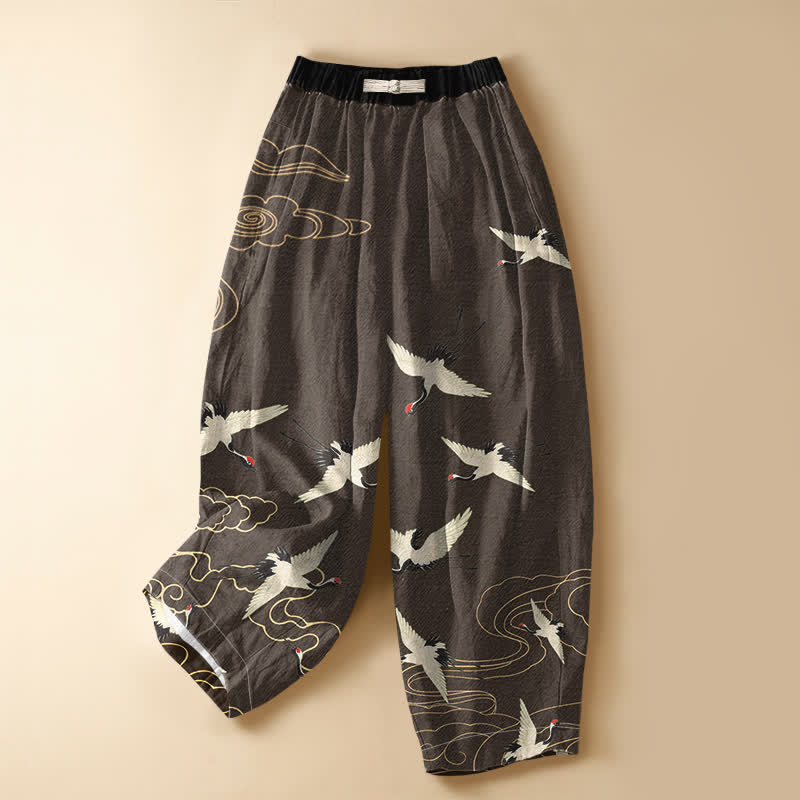 Buddha Stones Pure Cotton Elegant Crane Cloud Pattern Frog Button Women's Elastic Waist Harem Pants With Pockets - SaddleBrown - US16,UK/AU20,EU48 (3XL) - image 5