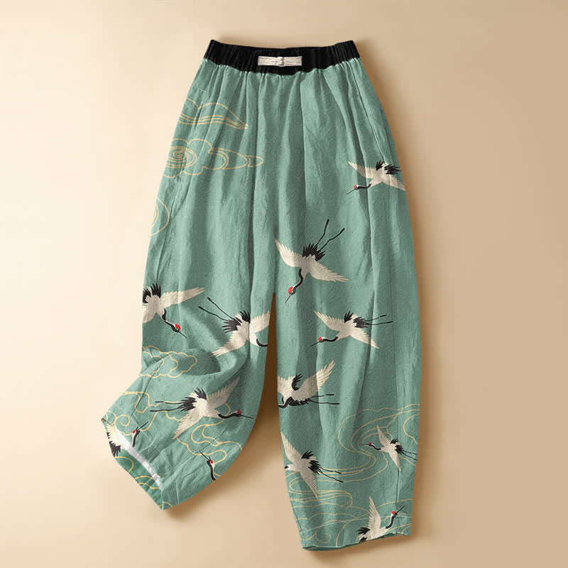 Buddha Stones Pure Cotton Elegant Crane Cloud Pattern Frog Button Women's Elastic Waist Harem Pants With Pockets - Aquamarine - US16,UK/AU20,EU48 (3XL) - image 7