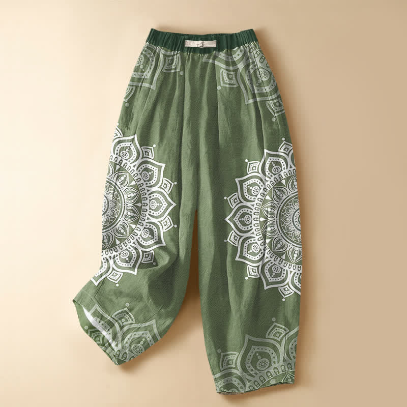 Buddha Stones Pure Cotton Bohemian White Mandala Pattern Frog Button Women's Elastic Waist Harem Pants With Pockets - OliveDrab - US16,UK/AU20,EU48 (3XL) - image 0