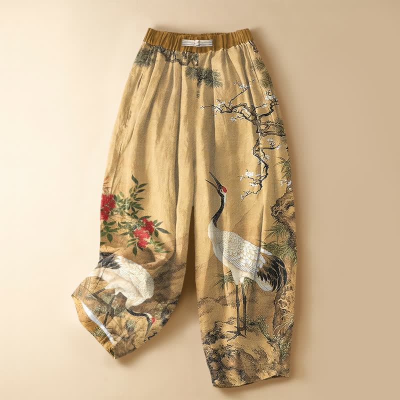 Buddha Stones Pure Cotton Oriental Crane Blossom Pattern Frog Button Women's Elastic Waist Harem Pants With Pockets - Tan - US16,UK/AU20,EU48 (3XL) - image 0