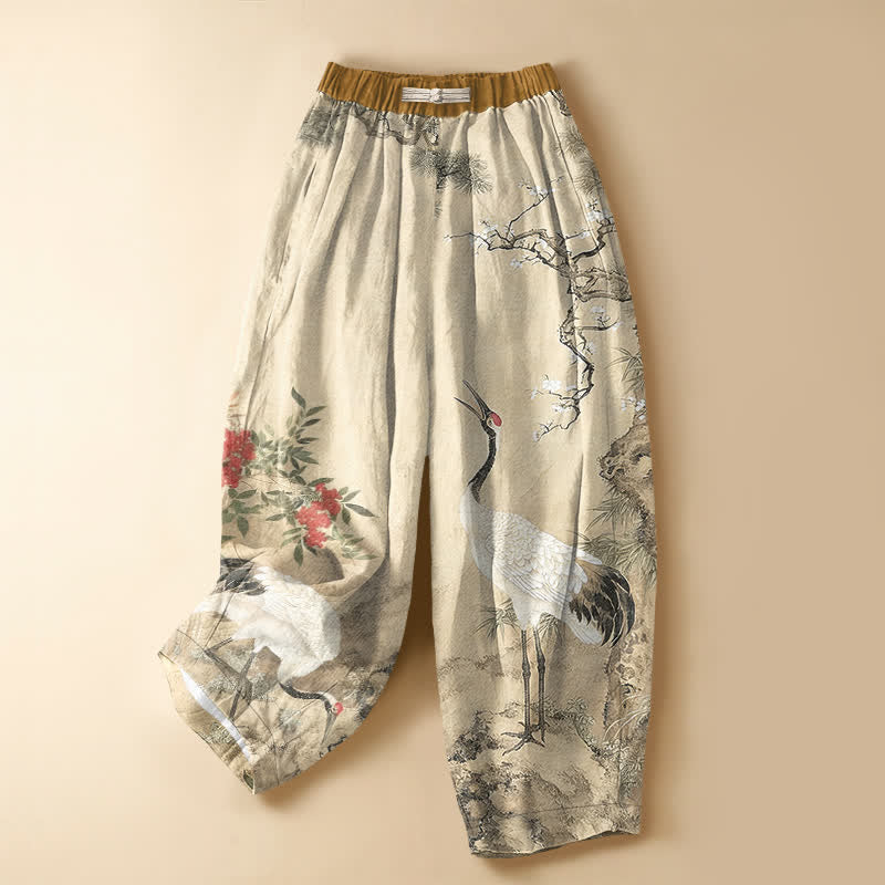 Buddha Stones Pure Cotton Oriental Crane Blossom Pattern Frog Button Women's Elastic Waist Harem Pants With Pockets - Linen - US16,UK/AU20,EU48 (3XL) - image 5