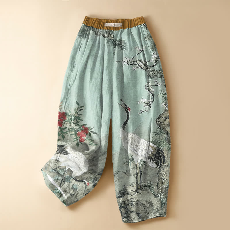 Buddha Stones Pure Cotton Oriental Crane Blossom Pattern Frog Button Women's Elastic Waist Harem Pants With Pockets - PaleTurquoise - US16,UK/AU20,EU48 (3XL) - image 7