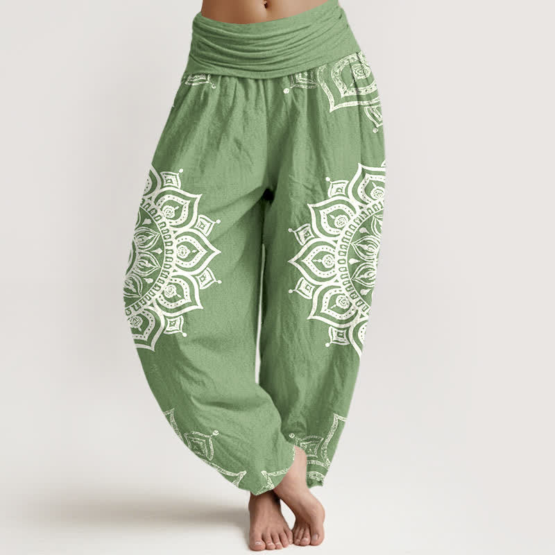 Buddha Stones Pure Cotton White Mandala Floral Pattern Women's Elastic Waist Harem Pants - LightGreen - US16,UK/AU20,EU48 (3XL) - image 0