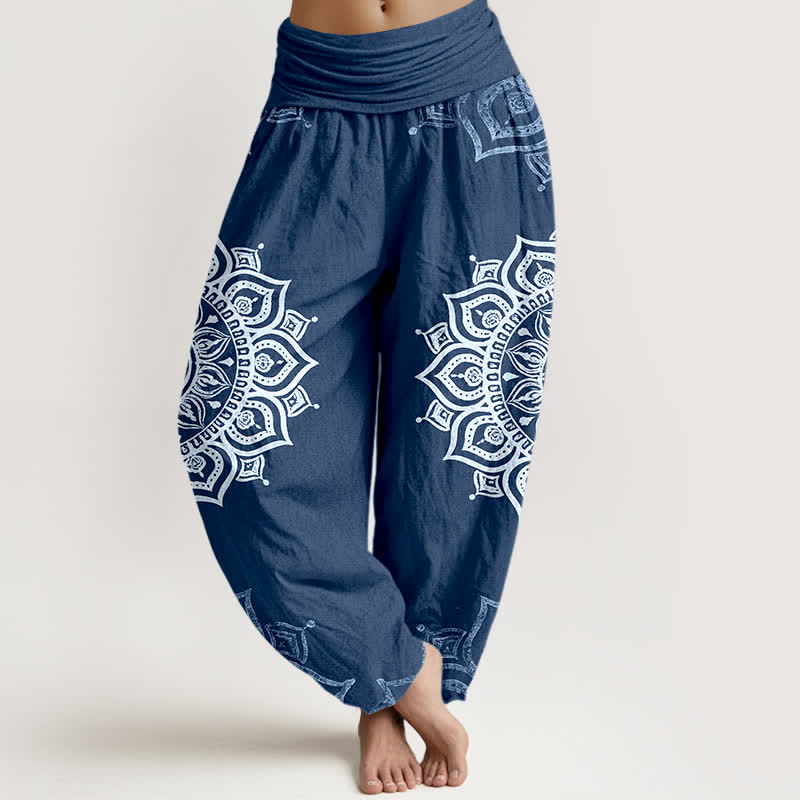 Buddha Stones Pure Cotton White Mandala Floral Pattern Women's Elastic Waist Harem Pants - SteelBlue - US16,UK/AU20,EU48 (3XL) - image 8