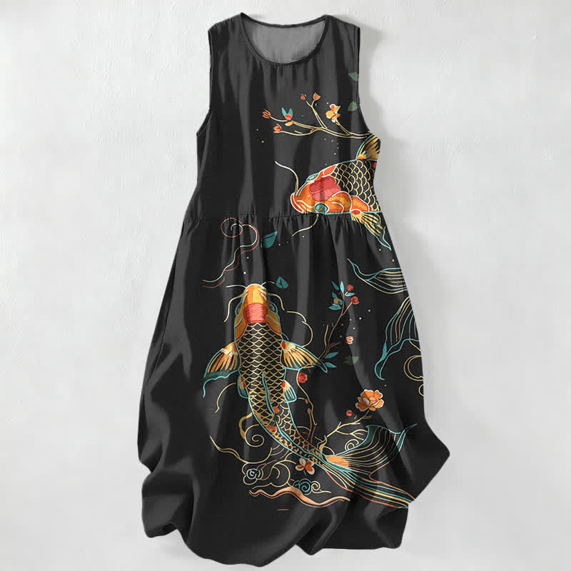 Buddha Stones Summer Casual Koi Fish Floral Wave Pattern Women's Summer Sleeveless Midi Dress With Pockets - Black - US16,UK/AU20,EU48 (3XL) - image 0