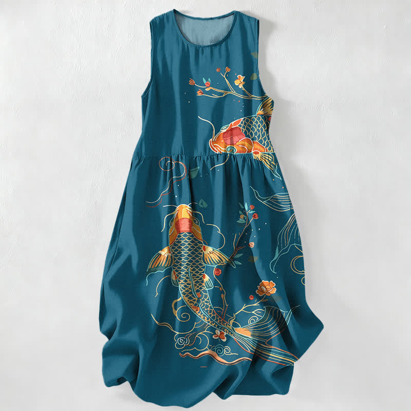 Buddha Stones Summer Casual Koi Fish Floral Wave Pattern Women's Summer Sleeveless Midi Dress With Pockets - Teal - US16,UK/AU20,EU48 (3XL) - image 4