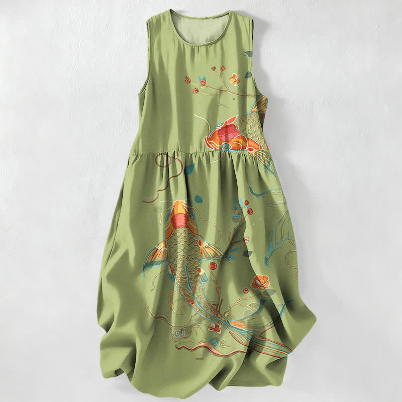 Buddha Stones Summer Casual Koi Fish Floral Wave Pattern Women's Summer Sleeveless Midi Dress With Pockets - OliveDrab - US16,UK/AU20,EU48 (3XL) - image 5