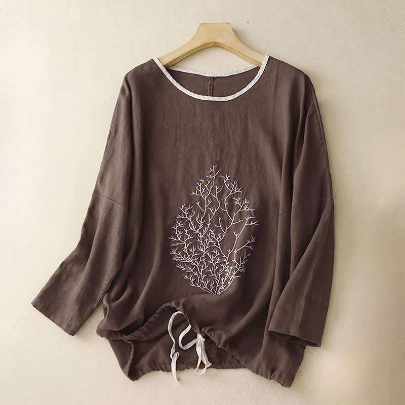 Buddha Stones Casual Embroidery Tree Drawstring Women's Crew Neck Design Half Sleeve T-Shirt - SaddleBrown - Long Sleeve - US14,UK/AU18,EU46 (2XL) - image 40