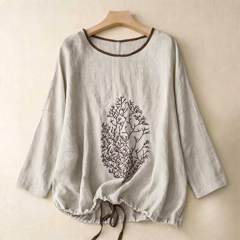 Buddha Stones Spring Fall Casual Embroidery Tree Drawstring Women's Crew Neck Design Cotton Linen Women's Long Sleeve T-Shirt - Linen - US14,UK/AU18,EU46 (2XL) - image 0