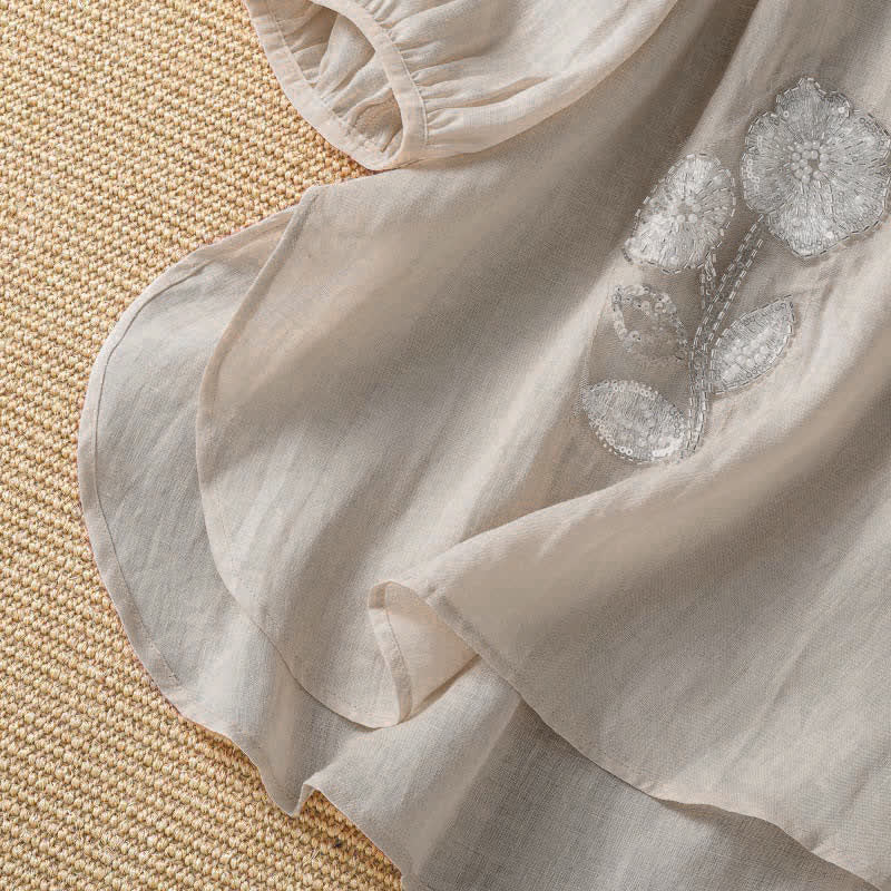 Buddha Stones Summer Casual Elegant Embroidery White Floral Crew Neck Women's Long Sleeve T-Shirt - image 5